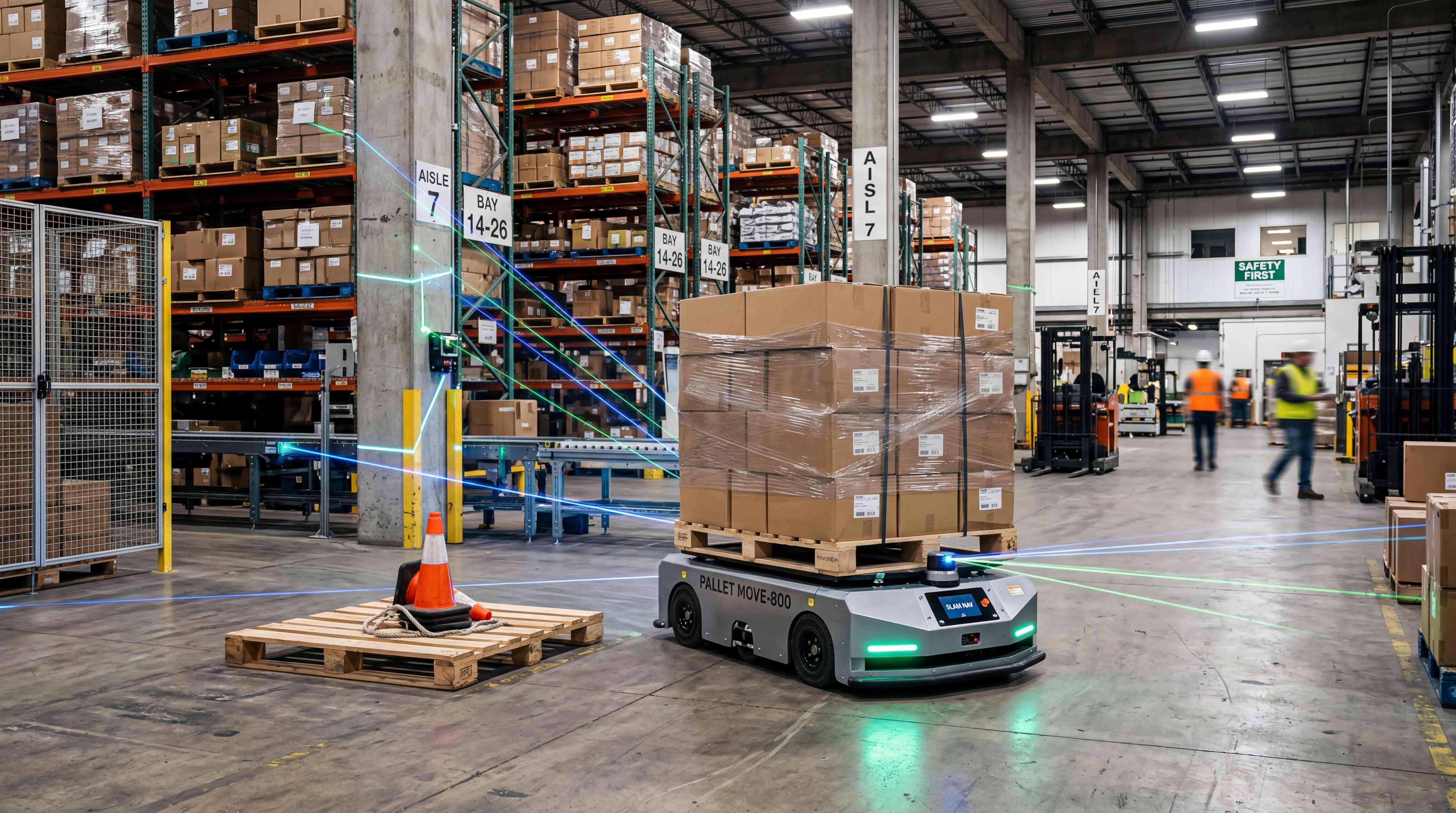 Heavy-payload AMR using SLAM localization in a warehouse aisle with workers and pallets